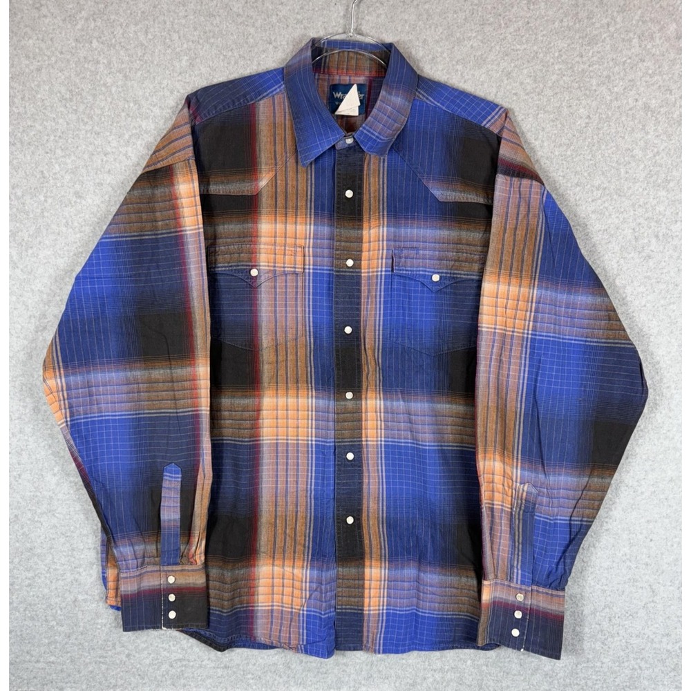 Wrangler Western Shirt Mens XL Plaid Pearl Snap Long Sleeve Blue Orange‎ Rodeo